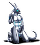 anthro athletic blue_eyes erection foreskin genitals glowing glowing_body horn humanoid_genitalia humanoid_penis kneeling looking_at_viewer machine male penis simple_background solo tail white_background dean.winchester komuros robot synth_(vader-san) 2021 absurd_res full-length_portrait hi_res portrait