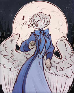 ambiguous_gender anthro beak big_glasses biped blue_bow blue_clothing blue_dress claws clothing dress eyes_closed eyewear feathered_wings feathers front_view glasses happy moon musical_note musical_symbol neck_bow round_glasses singing skinny_ambiguous skinny_anthro solo standing symbol white_body white_feathers wings daarclaw proserpina_(daarclaw) avian bird owl digital_drawing_(artwork) digital_media_(artwork) hi_res signature