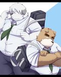 anthro belly black_bars bottomwear brown_body brown_fur clothing duo fur kemono male necktie overweight overweight_male pants shirt topwear emufu canid canine canis domestic_dog mammal 2014 4:5 letterbox