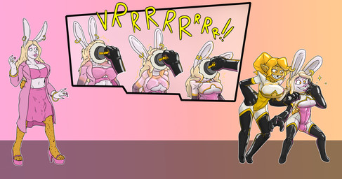 anthro_to_humanoid assimilation black_clothing black_gloves black_handwear blonde_hair breasts bulge clothing duo ear_piercing ear_ring female footwear forced forced_transformation glistening glistening_body gloves gynomorph hair handwear high_heels humanoid_pointy_ears intersex latex piercing pink_clothing pink_footwear pink_high_heels pointy_ears ring_piercing shoes shrinking simple_background size_transformation smile species_transformation standing surprised tail transformation prurientpie ivy_(mamagobbastoppa) saza_(madmilk) animal_humanoid elf humanoid lagomorph lagomorph_humanoid leporid leporid_humanoid mammal mammal_humanoid rabbit rabbit_humanoid 2024 digital_media_(artwork) hi_res trans_(lore) trans_woman_(lore)