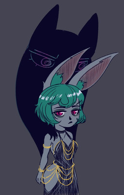 animal_ears animal_nose big_ears black_clothing black_dress black_nose breasts clothed clothing dress eyelashes female front_view fur green_hair grey_background grey_body grey_fur hair inner_ear_fluff pupils purple_eyes short_hair simple_background slit_pupils solo thick_thighs tuft wide_hips bluesparrow league_of_legends riot_games tencent vex_(lol) humanoid yordle