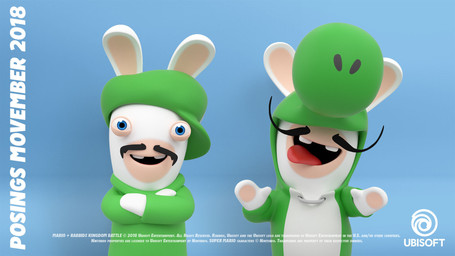 anthro arms_bent black_facial_hair black_mustache blue_background blue_eyes buckteeth clothed clothed_anthro clothed_male clothing crossed_arms duo facial_hair fur green_clothing green_hat green_headwear green_outfit green_shirt green_topwear hand_pawpads hat headgear headwear light logo long_ears looking_at_viewer male mitten_hands multicolored_body mustache no_eyebrows noseless obstructed_eyes open_mouth open_smile pawpads red_tongue shirt simple_background smile smiling_at_viewer standing tan_body tan_eyelids tan_inner_ear tan_pawpads tan_skin teeth text tongue tongue_out topwear two_tone_body white_body white_fur year laurine_vire mario_bros mario_plus_rabbids_kingdom_battle movember nintendo raving_rabbids rayman_(series) ubisoft rabbid_luigi rabbid_yoshi lagomorph mammal rabbid 16:9 2018 3d_(artwork) autodesk_maya_(artwork) colored copyright_name crossover digital_media_(artwork) english_description english_text hi_res lighting official_art shaded widescreen