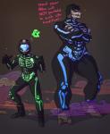 2_toes armor clothing costume duo feet female headgear helmet holidays larger_female male size_difference skeleton_suit skintight_suit smaller_male toes rube halloween halo_(series) microsoft xbox_game_studios alba_(character) the_rookie_(character) alien human jiralhanae mammal digital_media_(artwork) shaded