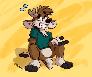 3_toes 4_fingers anthro antlers barefoot black_nose bodily_fluids bottomless brown_body brown_fur clothed clothing feet fingers fur green_clothing green_shirt green_t-shirt green_topwear horn male null open_mouth pantsless pantsless_male shirt simple_background smile solo sweat sweatdrop t-shirt tan_body tan_fur teeth_showing toes topwear yellow_background tinydeerguy darwin_(tinydeerguy) deer mammal hi_res