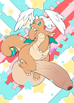 abstract_background balls big_balls big_penis feet feral foot_on_balls foreskin genitals hand_on_belly hand_on_face head_wings horn huge_balls huge_penis hyper hyper_balls hyper_genitalia hyper_penis long_tail male orange_body penis solo star tail teal_eyes unusual_wing_placement vein wings twinkletwilight nintendo pokemon generation_9_pokemon mega_dragonite mega_evolution pokemon_(species) hi_res watermark