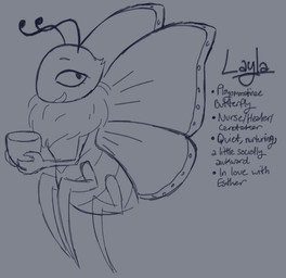 2_antennae 4_legs 4_wings ambiguous_gender antennae_(anatomy) arthropod_abdomen black_antennae container cup flying head_tuft holding_container holding_cup holding_object insect_wings lepidopteran_wings looking_back multi_wing open_mouth open_smile quadruped ruff side_view smile solo text tuft wings astromonkeyking layla_(astromonkeyking) arthropod butterfly insect lepidopteran taur 2026 digital_drawing_(artwork) digital_media_(artwork) english_text monochrome
