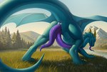 2_penises animal_genitalia anus belly blue_body blue_scales blue_sclera butt clear_sky countershade_belly countershade_wings countershading curved_penis detailed_background digitigrade diphallism erection feral forest forest_background genital_slit genitals grass horn lake looking_at_viewer male membrane_(anatomy) membranous_wings mountain multi_genitalia multi_penis nature nature_background penis plant presenting presenting_hindquarters purple_anus purple_penis purple_tongue quadruped scales sky solo spread_wings striped_genitalia striped_penis stripes tail tapering_penis thick_tail tongue tongue_out tree vertical_diphallism wings yellow_eyes yellow_horn yellow_spikes deanosaior european_mythology mythology nystemy_(character) dragon mythological_creature mythological_scalie scalie western_dragon hi_res herm_(lore)