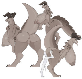 anthro anus areola big_breasts big_butt breasts butt claws female genitals horn larger_female male nipples nude simple_background size_difference smile tail vulva white_background meeplux fallout microsoft deathclaw human mammal scalie absurd_res hi_res