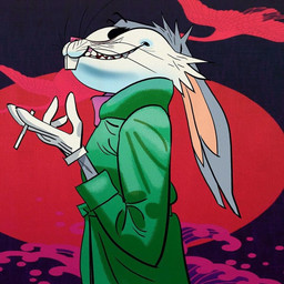 anthro cigarette clothing gloves handwear male simple_background solo jamie_hewlett looney_tunes warner_brothers bugs_bunny lagomorph leporid mammal rabbit 1:1