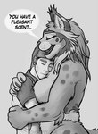 5_fingers anthro arm_tuft breasts cheek_tuft claws clothing dialogue duo ear_tuft elbow_tuft eyes_closed facial_tuft female female_anthro fingers fluffy grey_background hair hand_on_back hand_on_shoulder hug human_on_anthro inner_ear_fluff interspecies larger_female long_hair male male/female male_humanoid markings nude open_mouth shirt short_hair simple_background size_difference smaller_male smile speech_bubble spots spotted_markings t-shirt talking_to_another teeth text topwear tuft whiskers energyvector energy_(energyvector) ronja_lo felid feline human humanoid iberian_lynx lynx mammal artist_name english_text greyscale monochrome sketch