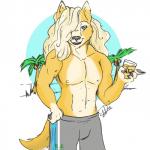 1:1 2018 abs alcohol anthro beach beverage biceps blonde_hair blue_eyes bottomwear canid canine canis circle clothed clothing coconut digital_media_(artwork) domestic_dog drupe_(fruit) food front_view fruit fur girly glass hair hi_res looking_at_viewer male mammal muscular muscular_anthro muscular_male nipples outside palm_tree pecs plant portrait ruby-kila sand sea seaside shorts simple_background sky smile solo standing swimwear three-quarter_portrait tree water whiskey wolf yellow_body yellow_fur