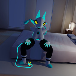 anthro bedroom big_breasts breasts clothed clothing electrical_plug_tail female floating_hands hands_on_legs hands_on_thighs leaning leaning_forward machine sitting solo thick_thighs z_(artist) voidwillow_(modeler) deltarune undertale_(series) tasque_manager darkner felid feline mammal robot 1:1 2023 3d_(artwork) digital_media_(artwork)