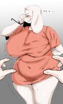 absurd_res anthro belly big_breasts boss_monster_(undertale) bovid breasts caprine clothing clothing_pull dialogue disembodied_hand duo eyewear female female_focus floppy_ears fur glasses goat hi_res horn huge_breasts mammal mature_female nipple_outline oxid shirt shirt_pull slightly_chubby slightly_chubby_anthro slightly_chubby_female solo solo_focus speech_bubble t-shirt text thick_thighs topwear topwear_pull toriel undertale_(series) voluptuous_anthro voluptuous_female white_body white_fur wide_hips