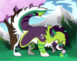 ambiguous_gender cherry_blossom cherry_blossom_tree cherry_tree claws day feral flower fluffy fruit_tree fur grass green_body green_eyes green_fur looking_at_flower looking_at_object looking_at_plant markings multicolored_body multicolored_fur multicolored_tail on_ground outside pink_flower plant prunus_(flower) purple_body purple_fur quadruped sky solo standing striped_markings stripes tail tree white_body white_claws white_fur piemonsterart canid canine mammal colored digital_drawing_(artwork) digital_media_(artwork) hi_res