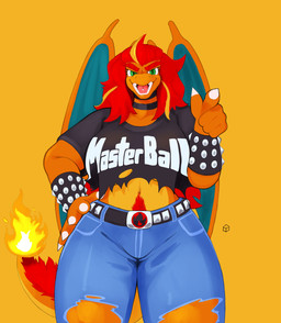 accessory anthro armlet band_shirt belt big_breasts blonde_highlights body_hair bottomwear breasts choker claws clothed clothing crop_top cuffs_(clothing) denim denim_bottomwear denim_clothing eyebrows female fire fire_symbol fur gesture green_eyes hair hand_gesture hand_on_hip highlights_(coloring) jeans jewelry looking_at_viewer messy_hair multicolored_body multicolored_hair necklace non-mammal_breasts open_mouth orange_body pants piercing pointing pointing_at_viewer pubes red_body red_fur red_hair shirt simple_background smile snail_trail solo stud_piercing studded_armlet studded_belt studs t-shirt tail teeth text thick_eyebrows thick_thighs tongue tongue_piercing topwear torn_bottomwear torn_clothing torn_jeans torn_pants torn_topwear two_tone_hair under_boob wings yellow_background kureto mythology nintendo pokemon harper_(kureto) charizard dragon furred_dragon furred_scalie generation_1_pokemon mythological_creature mythological_scalie pokemon_(species) scalie digital_media_(artwork) english_text hi_res