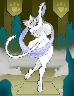 ambiguous_gender anthro big_breasts big_butt breasts butt dancing female female_focus fur group huge_breasts public public_nudity solo_focus white_body white_fur hayakain background_character kitty_(hayakain) domestic_cat felid feline felis mammal