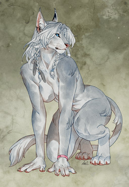 accessory anthro areola arm_tuft blue_eyes bracelet braided_hair breasts claws crouching ear_tuft elbow_tuft feather_in_hair female finger_claws fur hair hair_accessory inner_ear_fluff jewelry looking_aside loose_feather nude nude_anthro nude_female pawpads paws simple_background solo tail textured_background toe_claws tuft whisker_spots whiskers white_body white_fur ama_dench_art felid lion mammal pantherine 2026 absurd_res digital_media_(artwork) hi_res