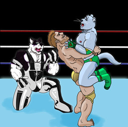 anthro bear_hug boots brown_hair bulge clothing elbow_pads fighting_ring fingerless_gloves footwear gloves grin group hair handwear inner_ear_fluff knee_pads male muscular muscular_male pecs referee shoes smile swimming_trunks swimwear tuft wrestling wrestling_briefs wrestling_outfit loop_the_jobber_dog sebastian_king canid canine canis domestic_dog human mammal mustelid otter hi_res