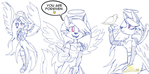 anthro armwear back_wings clothing dialogue dress elbow_gloves feathered_wings feathers female fur gloves halo hands_together handwear looking_at_viewer red_eyes smile solo standing talking_to_viewer text wings thegiftedfire hellaverse helluva_boss loona_(helluva_boss) angel avian bird canid canid_angel canine columbid dove mammal english_text hi_res sketch spot_color
