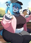 anthro big_breasts blue_body blue_fur blue_hair breasts clothed clothing day deep_navel female fur hair hat headgear headwear huge_breasts kemono leggings legwear long_hair midriff navel outside overweight overweight_anthro overweight_female purple_eyes sitting solo sweater thick_thighs topwear akitaka unknown_species hi_res