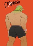 butt clothed clothing for_a_head looking_back male muscular muscular_humanoid muscular_male orange_background rear_view sharp_teeth simple_background solo standing teeth topless underwear pkylblu dorohedoro kaiman_(dorohedoro) animal_head animal_humanoid humanoid scalie