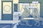 anthro beverage cafe coffee dialogue duo inside male tail text shikokubo mythology canid canine dragon mammal mythological_creature mythological_scalie scalie english_text hi_res monochrome