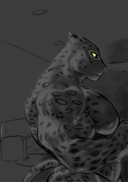 anthro barazoku big_muscles big_pecs clothing eyelashes fur male markings muscular muscular_male nipples pecs side_view solo spots spotted_body spotted_fur tail underwear yellow_eyes no2r0066 felid leopard mammal pantherine hi_res