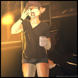 anthro arms_bent black_border black_clothing black_topwear border bottomwear boxer_briefs bulge clothed clothing container cup detailed_background emoticon eyes_closed front_view fully_clothed holding_container holding_cup holding_mug holding_object inside male mug open_mouth owo raised_arm raised_hand shirt shorts solo standing topwear underwear yawn year monstercheetah canid canine canis domestic_dog mammal 1:1 2018 dated digital_media_(artwork) signature