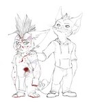 3_toes 4_fingers anthro anthro_on_anthro big_ears big_head big_muscles big_pecs blood blood_on_arm blood_on_face blood_on_foot blood_on_hand blood_on_shirt bodily_fluids bottomwear chin_tuft claws closed_frown clothed clothed_anthro clothed_male clothing duo ear_tuft ears_aside entwined_tails eyebrows facial_hair facial_markings facial_tuft feet fingers fist footwear fully_clothed fully_clothed_anthro fully_clothed_male goatee half-closed_eyes hand_on_shoulder head_markings hoodie humanoid_hands inner_ear_fluff larger_anthro larger_male loincloth long_pseudo_hair looking_aside looking_away looking_forward male male/male manly markings mask_(marking) mohawk mouth_closed mouth_scar muscular muscular_anthro muscular_male narrowed_eyes nose_scar pants pecs plantigrade pseudo_hair round_head shirt shoes short short_anthro short_male simple_background size_difference slim_anthro slim_male smaller_anthro smaller_male standing sweater t-shirt tail tail_coil toeless_footwear toes topwear tuft whiskers white_background bristol wildstar bitter_(bristol) dash_zento fan_character chua mammal rodent 2018 digital_media_(artwork) sketch