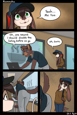 anthro bag black_border blue_eyes bodily_fluids border brown_body brown_fur brown_hair clothed clothed_anthro clothed_female clothed_male clothing computer dialogue duo electronics eyes_on_the_prize female female_anthro floppy_ears fully_clothed fully_clothed_female fully_clothed_male fur furniture green_eyes hair highlights_(coloring) inside laptop long_ears looking_at_another looking_at_butt male male_anthro nervous nervous_smile open_mouth page_number ponytail red_highlights speech_bubble sweat sweatdrop table tail tail_motion tailwag text black-kitten ken_(black-kitten) maya_(black-kitten) canid canine canis domestic_dog hybrid lagomorph leporid mammal rabbit 2:3 comic english_text hi_res