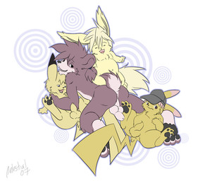 3_toes 4_fingers anthro anthro_on_anthro anthrofied arm_tuft backsack balls baseball_cap belly black_ears black_eyes black_nose black_pawpads blonde_hair brown_body brown_butt brown_ears brown_eyes brown_fur brown_hair brown_tail butt clothed clothing dipstick_ears ear_markings eyes_closed feet fingers fur genitals grey_clothing grey_eyes grey_hat grey_headwear group group_sex hair happy hat hat_only headgear headgear_only headwear headwear_only hindpaw interspecies larger_male looking_at_another looking_at_viewer looking_back male male/male mostly_nude multicolored_ears multicolored_tail nude open_mouth overweight overweight_male pawpads paws penis perineum pink_ears plantigrade pokemorph purple_eyes scut_tail semi-anthro sex short_tail shoulder_tuft simple_background size_difference slightly_chubby smaller_male snout spread_legs spreading tail toes tuft two_tone_tail white_background white_balls white_body white_fur white_penis white_tail year yellow_balls yellow_belly yellow_body yellow_butt yellow_ears yellow_fur yellow_paws yellow_penis yellow_tail young young_anthro tbid nintendo pokemon bear eeveelution generation_1_pokemon jolteon mammal pikachu pokemon_(species) rodent 2007 digital_media_(artwork) signature