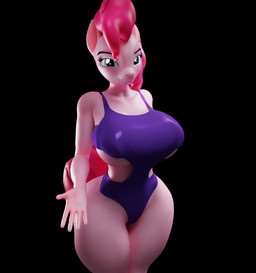 anthro anthrofied big_breasts big_tail black_background blue_eyes breasts clothing female gesture hair hand_gesture long_hair looking_at_viewer one-piece_swimsuit pink_body pink_hair pink_tail purple_clothing purple_swimwear simple_background solo standing swimwear tail thick_thighs three-quarter_view under_boob wide_hips iammedraws friendship_is_magic hasbro my_little_pony pinkie_pie_(mlp) earth_pony equid equine horse mammal pony 3d_(artwork) digital_media_(artwork) hi_res portrait three-quarter_portrait