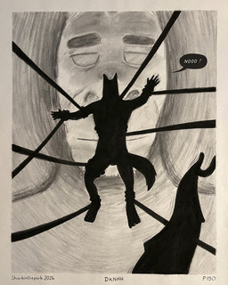 5_fingers anthro border duo eyebrows fingers forced male restrained silhouette size_difference speech_bubble tail tentacles text undressed sharkinthepark dr_knot_(sharkinthepark) canid canine equid equine horse mammal 2026 4:5 absurd_res charcoal_(artwork) comic english_text greyscale hi_res monochrome traditional_media_(artwork)