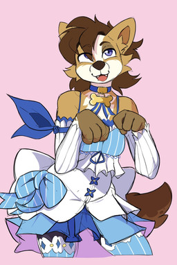 anthro clothed clothing crossdressing crossdressing_male dress femboy fur hair legwear male open_mouth simple_background smile solo tail slimewiz re:zero ferris_argyle scott_(corgipudding) canid canine canis domestic_dog herding_dog mammal pastoral_dog welsh_corgi digital_media_(artwork) hi_res