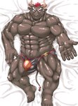 abs anthro bed bedding bedding_background biceps black_body black_fur bulge clothing fur furniture hair horn looking_at_viewer lying male muscular muscular_anthro muscular_arms muscular_male navel on_back pecs red_hair solo thong underwear exe_exem lifewonders tokyo_afterschool_summoners gyumao_(tas) bovid bovine mammal digital_media_(artwork)