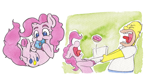 blue_eyes bottomwear box clothing container dessert doughnut duo female feral fight food male open_mouth pants pastry pink_body pink_frosted_sprinkled_doughnut yellow_body yellow_skin l0st-marbles friendship_is_magic hasbro my_little_pony the_simpsons homer_simpson pinkie_pie_(mlp) equid equine horse human mammal pony crossover