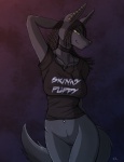 2012 abstract_background ankh anthro anubian_jackal band_shirt big_breasts black_hair black_nose bottomless breasts canid canine canis clothed clothing collar conditional_dnp digital_media_(artwork) dreadlocks egyptian english_text female genitals green_eyes hair industrial jackal jewelry kadath looking_at_viewer mammal navel navel_piercing necklace nightshade_(kadath) piercing pinup pose pussy raised_arm shirt simple_background skimpy smile solo standing text third-party_edit topwear underwear