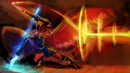 anthro armor gun magic male melee_weapon polearm ranged_weapon shooting solo spear weapon fecal_gambit devil_spire_falls davi avian bird hi_res