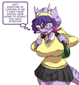 anthro backpack big_breasts bone_frill bottomwear braces breasts clothed clothing eyewear facial_horn female frill_(anatomy) fully_clothed glasses hair horn nerd nose_horn purple_body purple_hair purple_scales scales school_uniform skirt solo tail teeth text thought_bubble uniform chochi cavemanon_studios goodbye_volcano_high ko_op_(game_developer) snoot_game trish_(gvh) ceratopsian ceratopsid chasmosaurine dinosaur marginocephalian ornithischian prehistoric_species reptile scalie triceratops 2024 hi_res