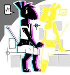 abstract_background anthro black_body black_fur bottomwear check_mark clothed clothing duo eyebrows forked_tail fur head_tuft male midriff navel off_shoulder open_mouth shirt shorts sitting sleeveless_shirt speech_bubble square_crossover tail topwear tuft unusual_anatomy unusual_tail white_bottomwear white_clothing white_shirt white_shorts white_topwear yellow_body yellow_fur toxoglossa egyptian_mythology middle_eastern_mythology mythology cay_(toxoglossa) set_(species) 2019