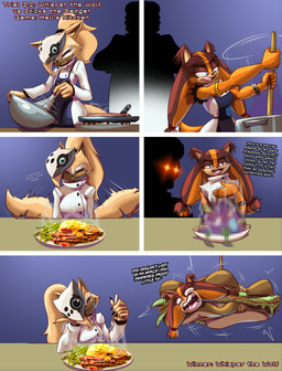 anthro apron beef chef chef_uniform clothed clothing competition cooking cutlery dialogue eyes_closed female food fork fur hair kitchen_utensils meat open_mouth smile steak tail tail_motion tailwag text tongue tongue_out tools whisk yelling doctor_awesome hell's_kitchen idiot_sandwich idw_publishing sega sonic_boom sonic_the_hedgehog_(comics) sonic_the_hedgehog_(idw) sonic_the_hedgehog_(series) sticks_the_jungle_badger whisper_the_wolf badger canid canine canis mammal mustelid musteline wolf absurd_res censored comic english_text hi_res mosaic_censorship