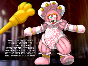 4_fingers anklet anthro anthrofied black_nose blush bracelet bulge claws clothed clothing costume feet fingers fur hindpaw humiliation jester jewelry laugh male muzzle_(object) muzzled offscreen_character orange_body paws pink_clothing silly solo staff standing submissive submissive_male text tongue tongue_out sexotheque nintendo pokemon fan_character koebi arcanine canid canine generation_1_pokemon mammal pokemon_(species) 2020 4:3 digital_drawing_(artwork) digital_media_(artwork) english_text hi_res
