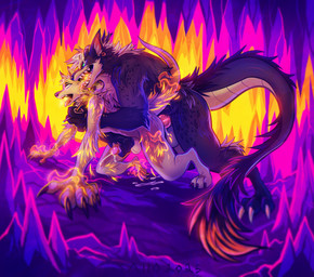 all_fours anal animal_genitalia animal_penis anthro anthro_on_anthro anthro_penetrated anthro_penetrating anthro_penetrating_anthro back_grab bite bodily_fluids canine_genitalia canine_penis cave claws cum cum_in_ass cum_inside cum_on_ground cum_while_penetrated cumshot dom/sub dominant_top duo ear_piercing ear_ring ejaculation fangs from_behind_position genital_fluids genitals grabbing growling horn knot long_tail male male/male mounting penetration penis piercing reach_around ring_piercing sex spikes tail tail_tuft teeth transformation transformation_through_sex tuft allosaurus_(artist) mythology kiba_uzumaki wholeote canid canine canis dragon hybrid mammal mythological_creature mythological_scalie scalie wolf absurd_res hi_res