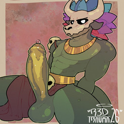 abs anthro balls biceps bodily_fluids bone bone_mask bottomwear bottomwear_aside clothed clothing clothing_aside erection feathers foreskin genital_fluids genitals glans humanoid_genitalia humanoid_penis loincloth loincloth_aside looking_at_viewer male mask muscular muscular_male neckwear non-mammal_balls partially_clothed pecs penis precum presenting presenting_penis sitting skull skull_mask solo sweat sweatdrop tail redtrauma terraria witch_doctor_(terraria) lihzahrd lizard reptile scalie 1:1 2026 absurd_res hi_res