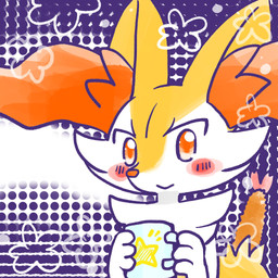 ambiguous_anthro ambiguous_gender anthro biped blush blush_stickers closed_smile container cup food front_view holding_container holding_cup holding_mug holding_object looking_at_viewer mouth_closed mug object_in_tail shrimp_(food) simple_background smile snout solo star_polygon steam tail annyui0611 nintendo pokemon braixen canid generation_6_pokemon mammal pokemon_(species) 1:1 2024 bust_portrait digital_drawing_(artwork) digital_media_(artwork) hi_res japanese_description portrait translated_description