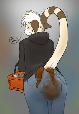 anal_fluids anthro big_butt blush bodily_fluids bottomwear bulge bulge_from_behind butt clothed clothed_anthro clothing denim denim_bottomwear denim_clothing embarrassed feces feces_blowout feces_bulge hair jeans looking_back low-angle_view male markings pants pooping presenting presenting_hindquarters public raised_tail shopping_basket soiling soiling_bottomwear soiling_pants solo striped_markings striped_tail stripes tail tail_markings tan_body thick_thighs thought_bubble tongue tongue_out white_hair worried_look yellow_sclera crowbarcrow domestic_cat felid feline felis mammal hi_res