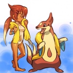 1:1 abstract_background barefoot brown_hair clothing cosplay cutout dipstick_tail duo feet female feral floatzel generation_4_pokemon gloves_(marking) hair hitec human long_hair looking_aside looking_at_another mammal markings multi_tail multicolored_tail navel navel_cutout nintendo one-piece_swimsuit open_mouth pokemon pokemon_(species) ponytail standing swimwear tail tail_markings tan_body tan_clothing tan_skin tan_swimwear toony towel towel_around_neck