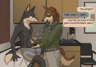 age_difference anthro anthro_on_anthro belt bottomwear brown_body brown_fur clothed clothing detailed_background doctor doctor's_office duo elderly_anthro elderly_male examination_room examination_table eyewear fur glasses grey_body grey_fur grope groping_crotch hand_in_underwear male male/male male_anthro medical medical_examination medical_instrument nipples pants ribs scientific_instrument shirt sitting standing stethoscope tan_body tan_fur text topwear underwear underwear_only unprofessional_behavior wearing_glasses kaltag1925 luke_(kaltag1925) travis_(kaltag1925) canid canine canis coyote mammal wolf english_text hi_res