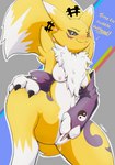 anthro blush blush_lines bodily_fluids breasts chest_tuft female genital_fluids genitals insult insulting_viewer looking_at_viewer pussy solo spread_legs spread_pussy spreading tsundere tuft vaginal_fluids onbbs bandai_namco digimon canid digimon_(species) mammal renamon hi_res