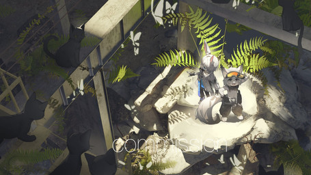 abandoned_building anthro clothed clothing duo eyewear eyewear_on_head fur goggles goggles_on_head hair high-angle_view kemono looking_up male plant topless white_body white_fur white_hair young young_anthro young_male emolga_1 domestic_cat felid feline felis mammal 16:9 2023 chinese_description hi_res watermark widescreen